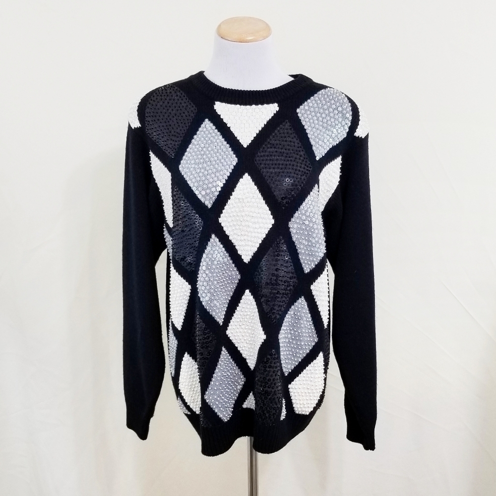 Vintage sequin sweater black gray ivory diamonds Harlequin Monochrome